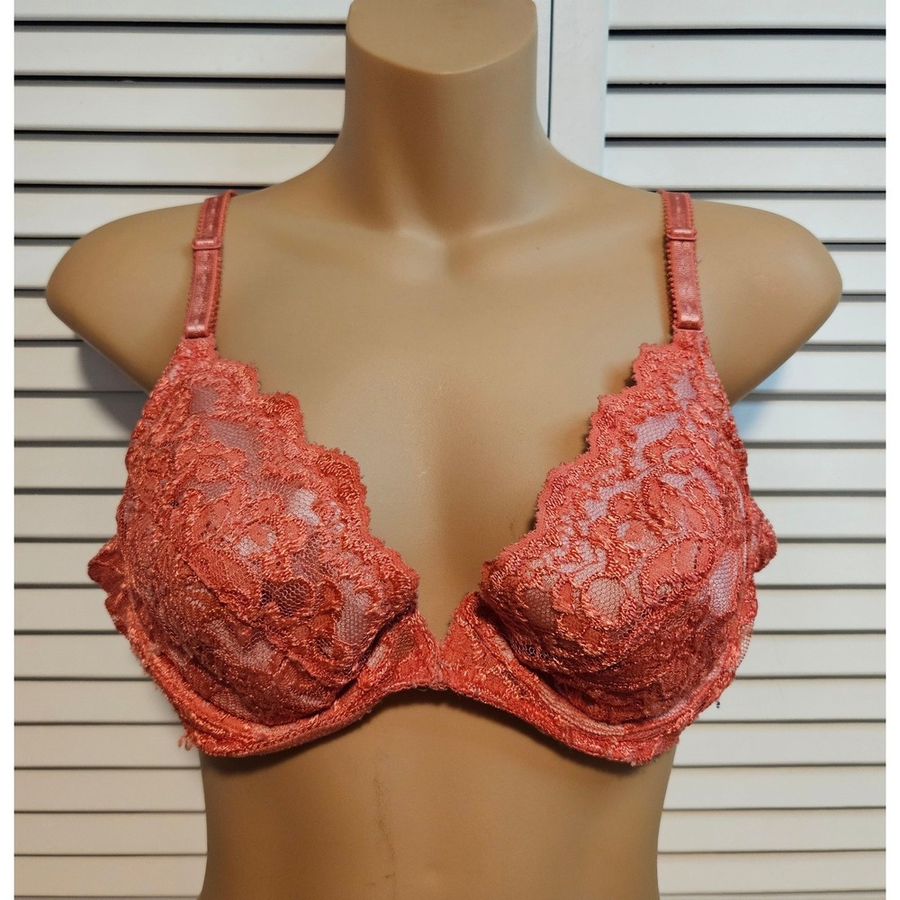 Vintage Fredericks of Hollywood Coral Floral Lace Underwire Plunge Bra 38C 1114